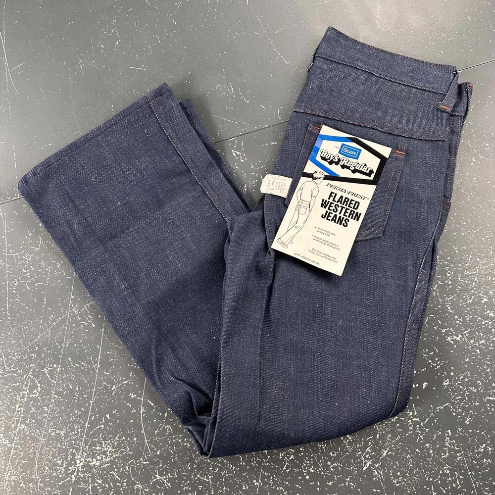 VTG Sears Roebuck Jeans Boy 14 30x28 Dark Wash Bootcut Flare Contrast Stitch NWT